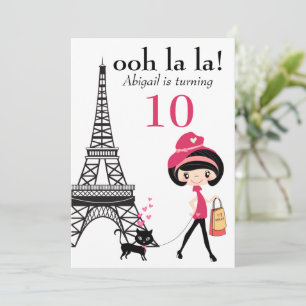 Invitation Cute Girl and Cat Paris Tour Eiffel Anniversaire