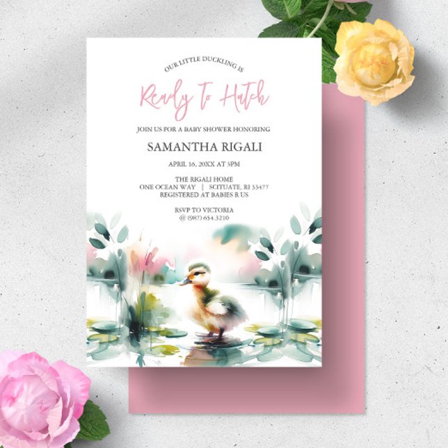 Invitation Cute Girl Baby shower de canard aquarelle (Duck baby shower invitations for girl feature pastel watercolor art exclusive to Do Tell A Belle)