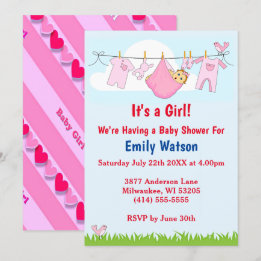 Invitation Cute Girl Clothesline Coeurs Boho Baby shower