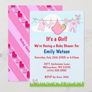 Invitation Cute Girl Clothesline Coeurs Boho Baby shower