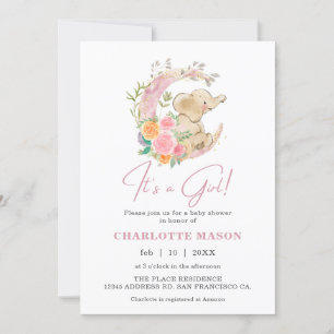 Invitation Cute Girl Elephant Floral Moon Baby shower