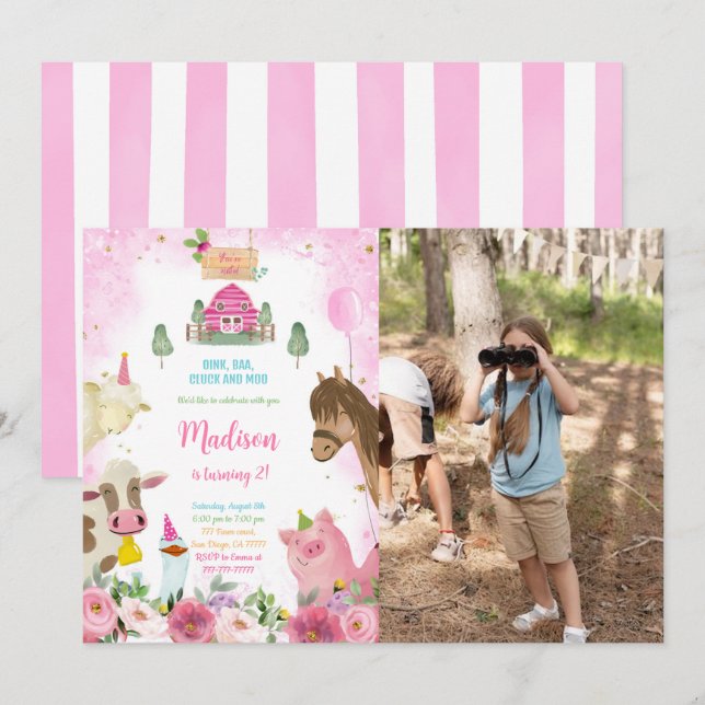 Invitation Cute Girl Farm Photo Anniversaire (Devant / Derrière)