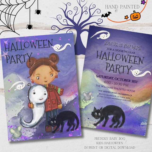 Invitation Cute Girl, Ghost, & Black Cat | Kids Spooktacular  (Cute Girl, Ghost, & Black Cat  Kids Spooktacular Invitation)