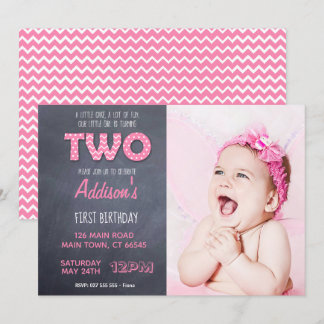 Invitation Cute Girls 2e Anniversaire Pink Chalkboard
