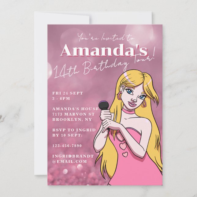 Invitation Cute Girly Cartoon Pop Music 14e anniversaire (Devant)