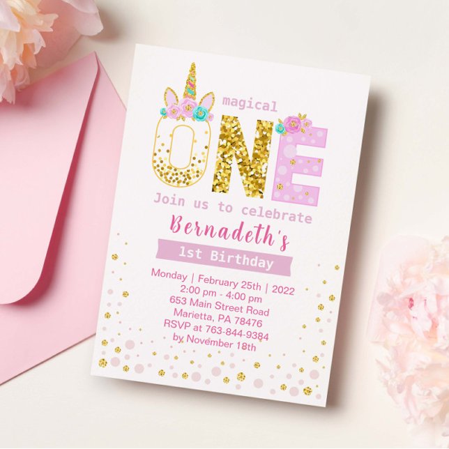 Invitation Cute Gold et Pink Confetti Unicorn 1er anniversair (Créateur téléchargé)