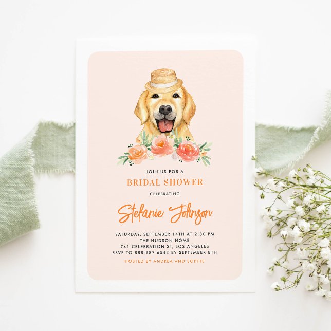 Invitation Cute Golden Retriever Peach Floral Fête des mariée (Créateur téléchargé)