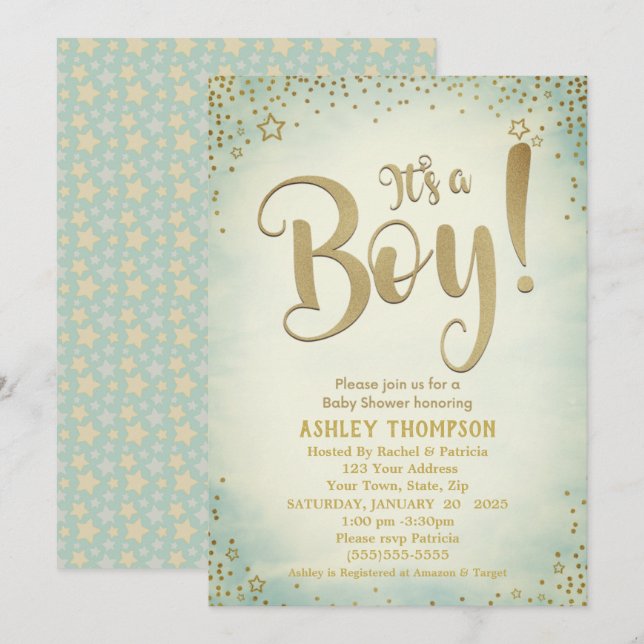Invitation Cute Green C'est un garçon Stars Baby shower Invit (Devant / Derrière)