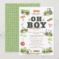 Cute Green Construction Baby shower camion Invitat