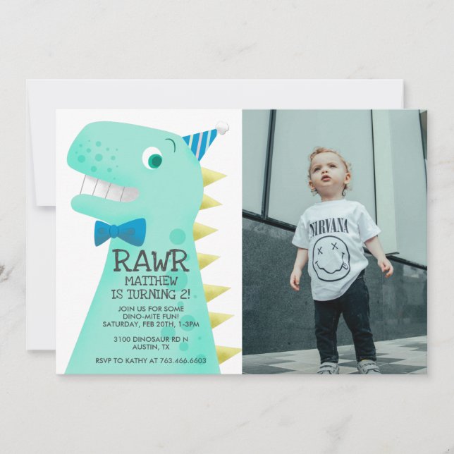 Invitation Cute Green Dinosaur fête d'anniversaire Photo pers (Devant)