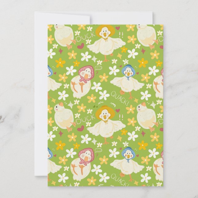 Invitation Cute Green Duck & Daisy Flower Seamless Pattern (Devant)