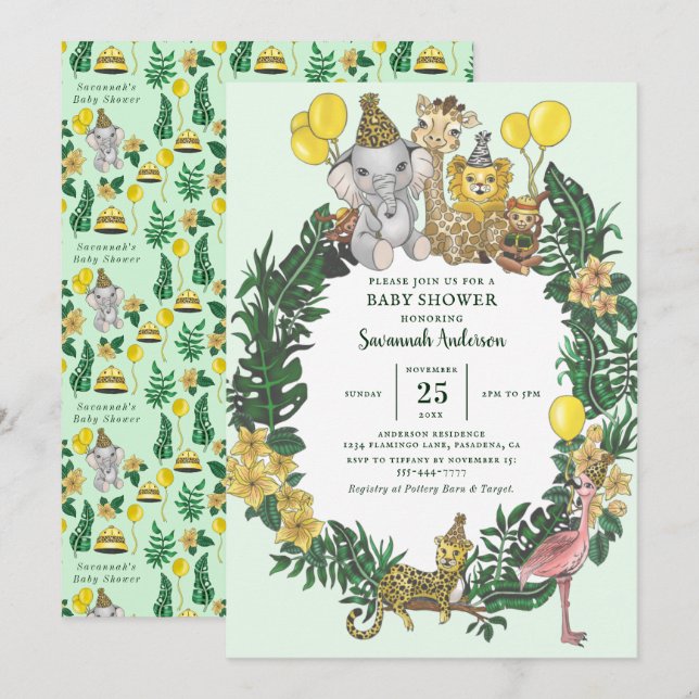 Invitation Cute Green Safari Animaux Baby shower Garçon (Devant / Derrière)