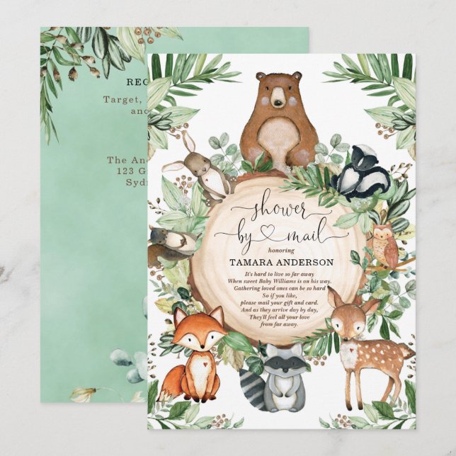 Invitation Cute Greenery Woodland Wild Animaux Douche Par Cou (Devant / Derrière)