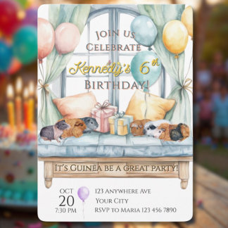 Invitation Cute Guinea Pig Watercolor Birthday Party