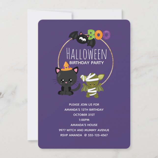 Invitation Cute Halloween Chat, chauve-souris et maman Boo An (Devant)