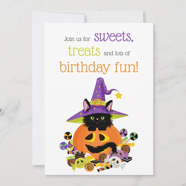Invitation Cute Halloween Chat Purple, Vert, Orange Anniversa (Devant)