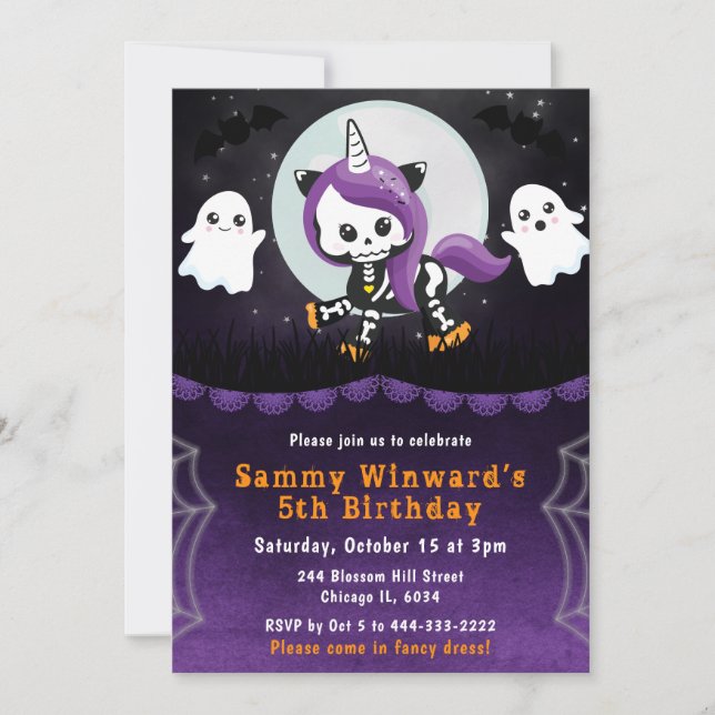 Invitation Cute Halloween Unicorn et Fantômes Anniversaire (Devant)