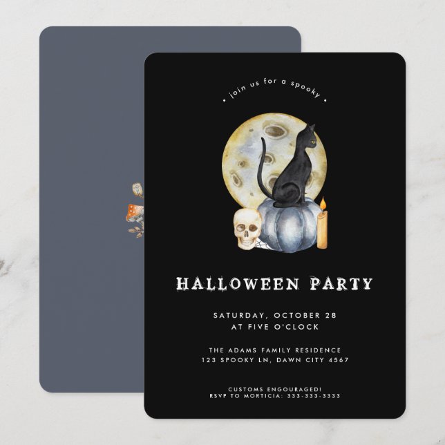 Invitation Cute Halloween Watercolor Cat Moon Party (Devant / Derrière)