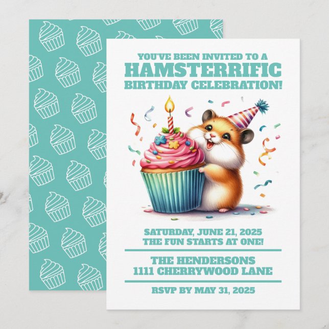 Invitation Cute Hamster Lifting Cupcake Hamsterrific Annivers (Devant / Derrière)