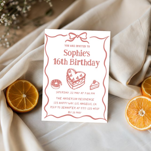 Invitation Cute Hand-Drawn Sweets & Ribbon Sweet 16 Birthday (Créateur téléchargé)