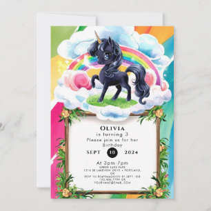 Invitation Cute Happy Black Unicorn Anniversaire