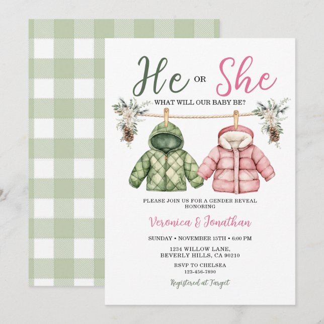 Invitation Cute He or she Winter Clothes Gender Reveal Floral (Devant / Derrière)