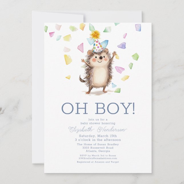Invitation Cute Hedgehog C'est un Baby shower garçon (Devant)