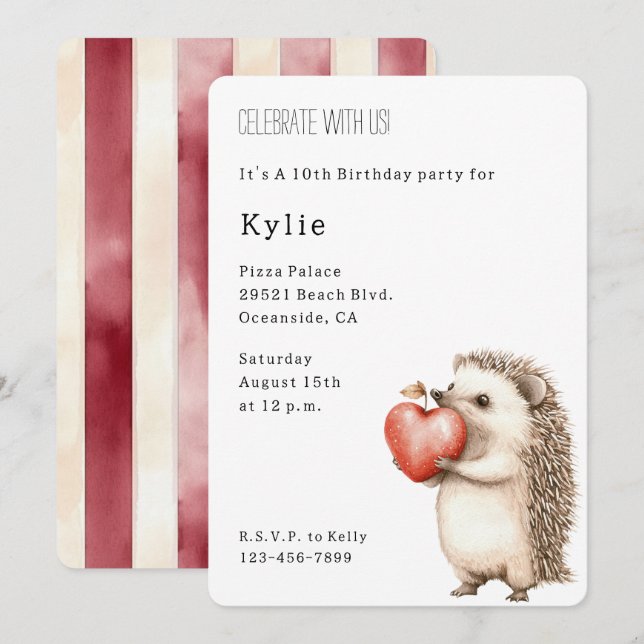 Invitation Cute Hedgehog Coeur animal Anniversaire (Devant / Derrière)