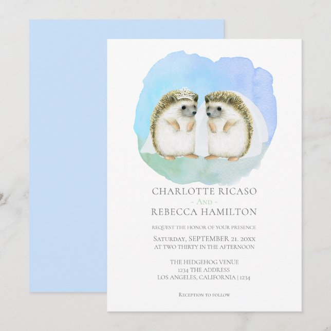 Invitation Cute Hedgehog Lesbian Gay Couple Mariage (Devant / Derrière)
