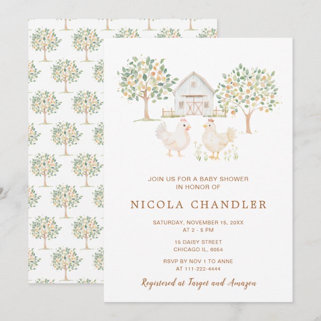Invitation Cute Hens Farm Grange Baby shower (Devant / Derrière)