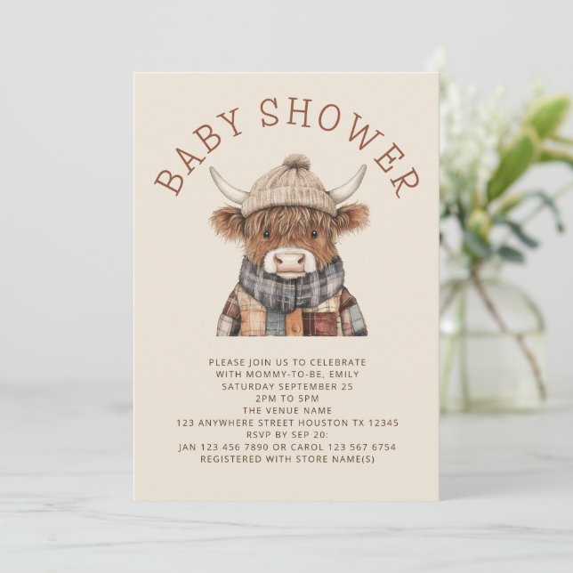 Invitation Cute Highland Baby shower de crème de vache (Debout devant)