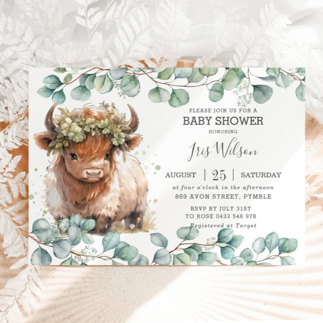 Invitation Cute Highland Cow Eucalyptus Baby shower vert (Créateur téléchargé)