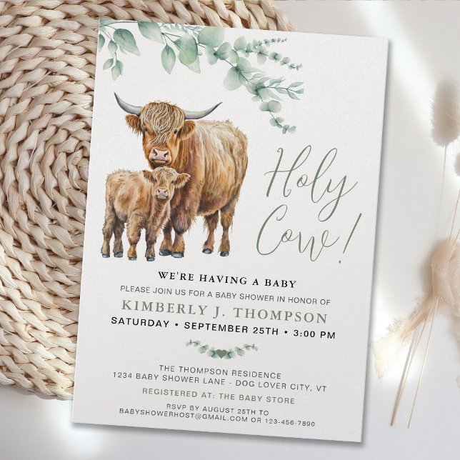 Invitation Cute Highland Cow Eucalyptus Baby shower vert (Créateur téléchargé)