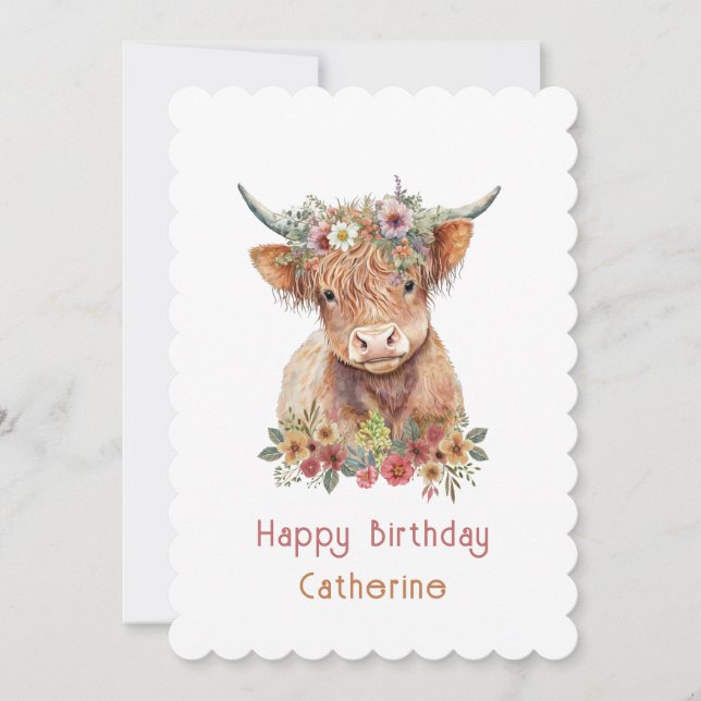 Invitation Cute Highland Cow Floral Anniversaire Nom Aquarell (Devant)