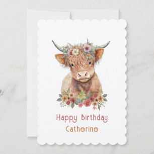 Invitation Cute Highland Cow Floral Anniversaire Nom Aquarell