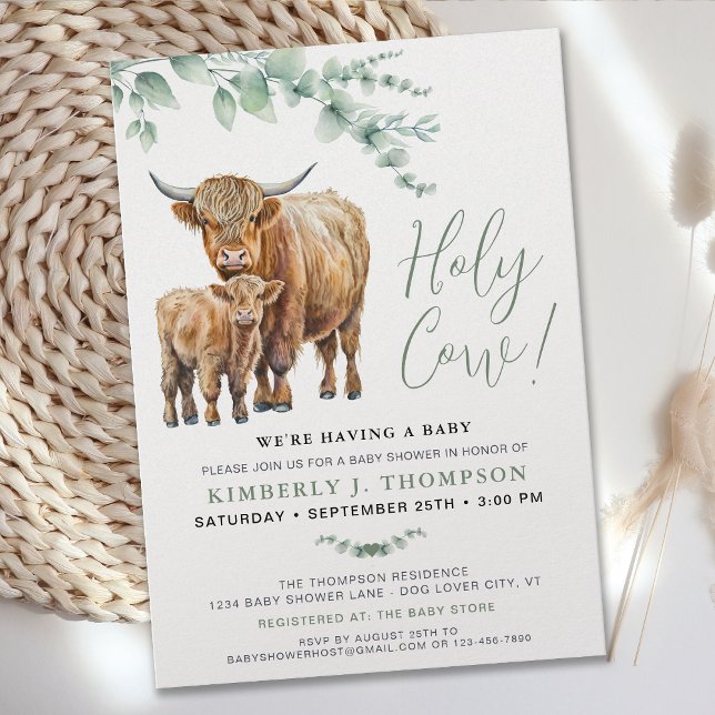 Invitation Cute Highland Cow Moderne Eucalyptus Vert (Créateur téléchargé)