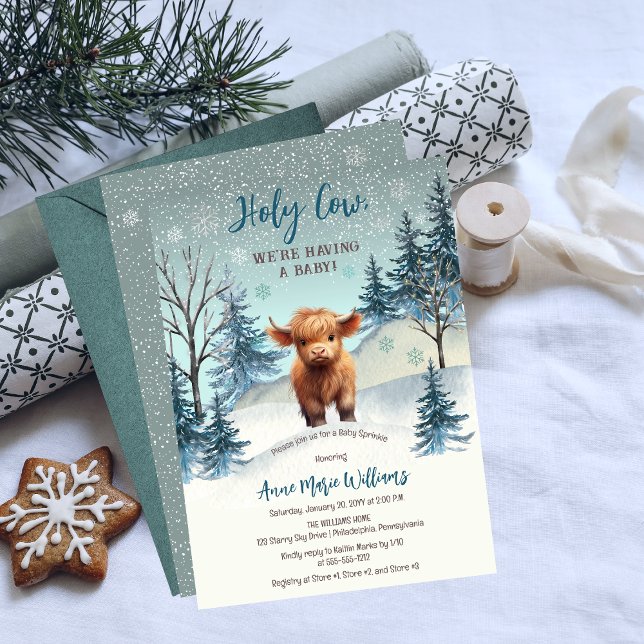 Invitation Cute Highland Holy Cow Winter Baby Sprinkl (Cute Highland Calf "Holy Cow, We're Having a Baby!" Winter Baby Sprinkle Invitation)