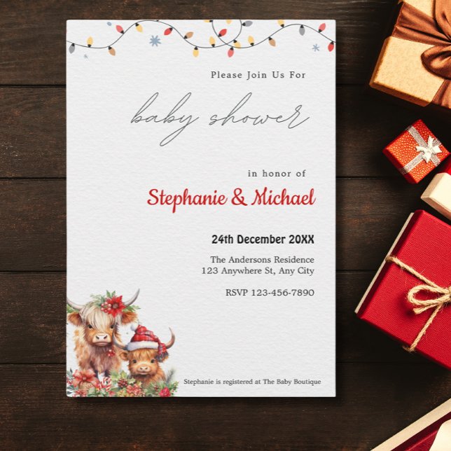 Invitation Cute Highland Vache & Calf Baby shower de Noël (Créateur téléchargé)