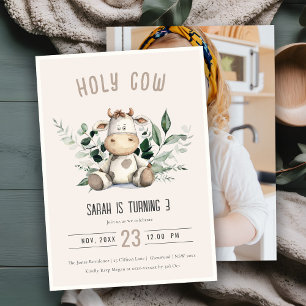 Invitation Cute Holy Cow Foliage Blush Photo Anniversaire de