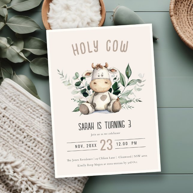 Invitation Cute Holy Cow Foliage Pastel Blush Anniversaire de (Créateur téléchargé)