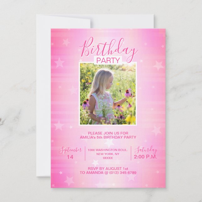 Invitation Cute Hot Rose Twinkle Stars Fille Anniversaire | P (Devant)