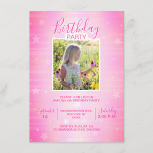 Invitation Cute Hot Rose Twinkle Stars Fille Anniversaire P