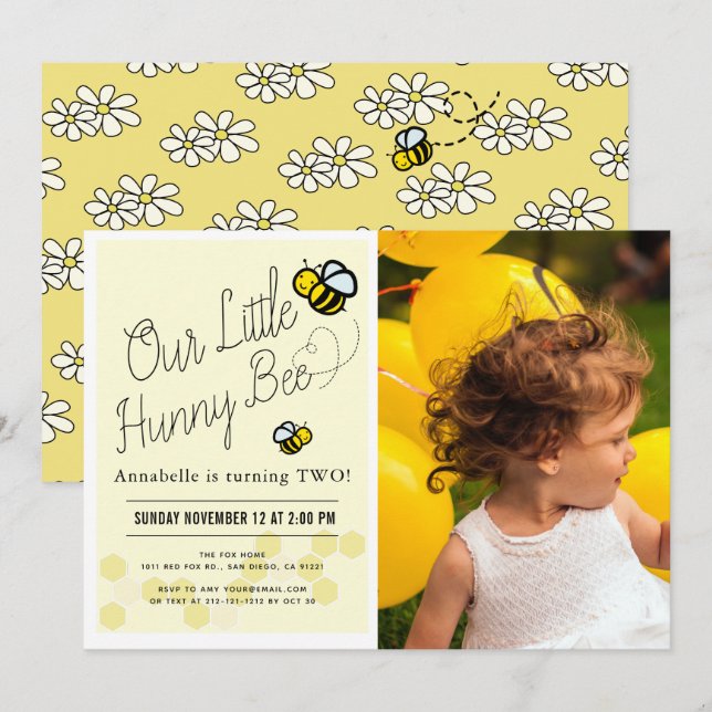 Invitation Cute Hunny Bee Yellow Kids Photo Anniversaire (Devant / Derrière)