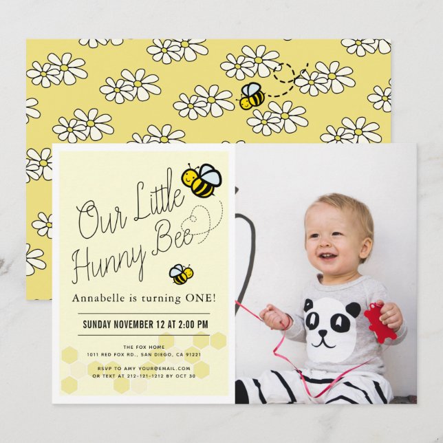 Invitation Cute Hunny Bee Yellow Photo 1ère fête d'anniversai (Devant / Derrière)