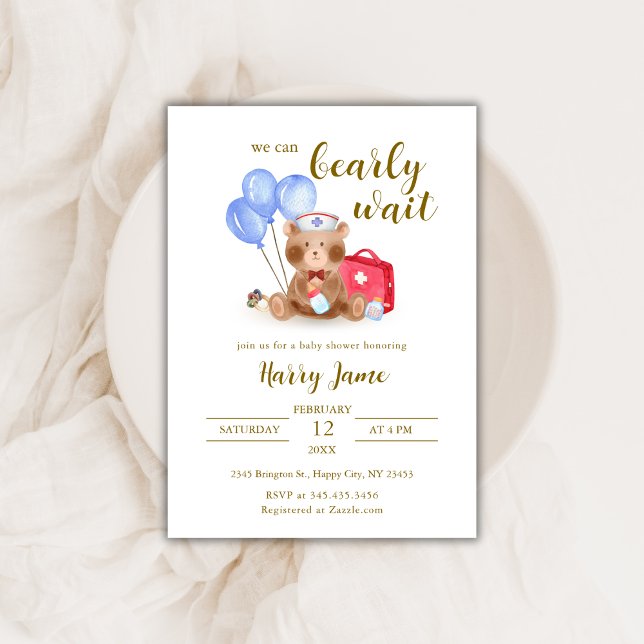 Invitation Cute infirmière docteur Teddy Bear Baby shower de  (Cute Nurse Doctor Teddy Bear Balloon Baby Shower Invitation)