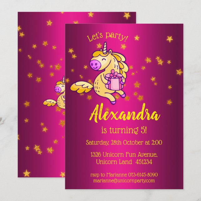 Invitation Cute Jaune Anniversaire Unicorn (Devant / Derrière)