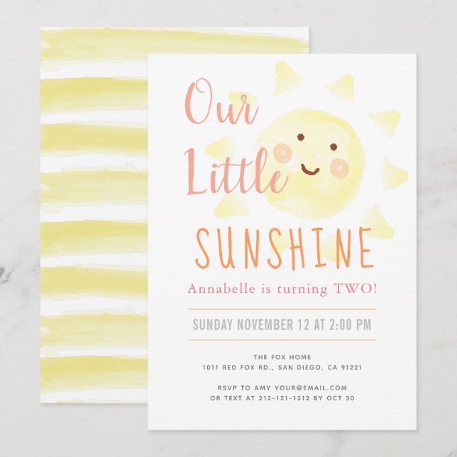 Invitation Cute Jaune Sunshine Fille Anniversaire (Devant / Derrière)
