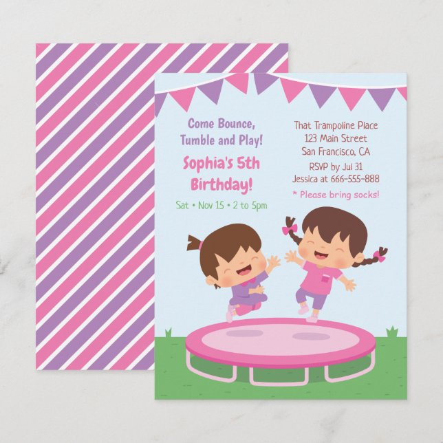 Invitation Cute Jumping Filles Trampoline fête d'anniversaire (Devant / Derrière)