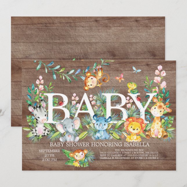 Invitation Cute Jungle Animal Girl Baby shower garçon Invitat (Devant / Derrière)