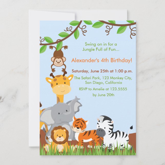 Invitation Cute Jungle Animaux Garçon Anniversaire Fête Invit (Devant)